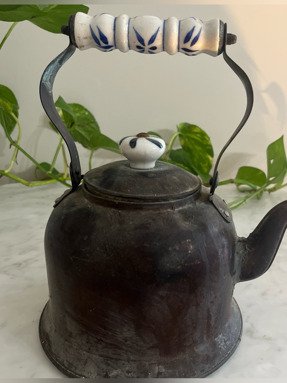 Vintage Metal Tea Kettle With Ceramic Knob And Handle Primitive Cottage Decor